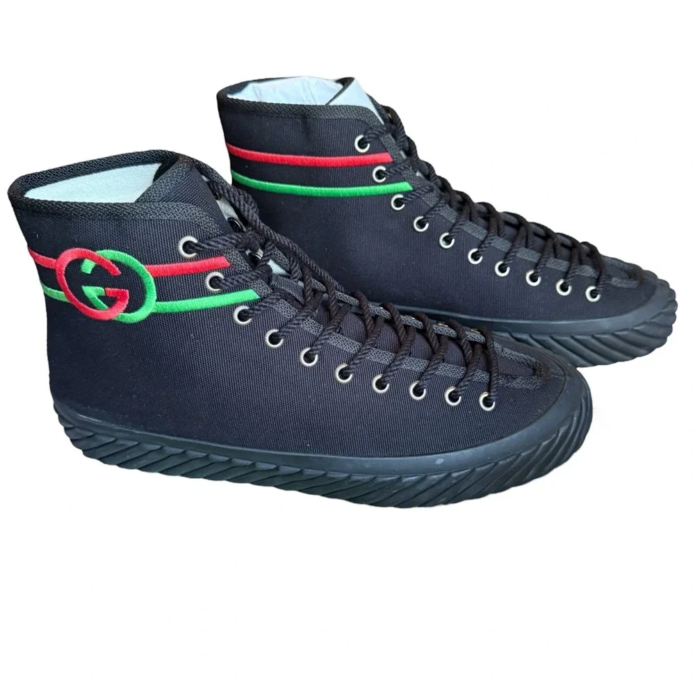 Gucci 703033 Mens Interlocking G High Black Canvas Sneakers Sizd G 7.5‎